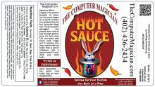 Label for 'The Computer Magician's Hot Sauce' with branding and contact information.