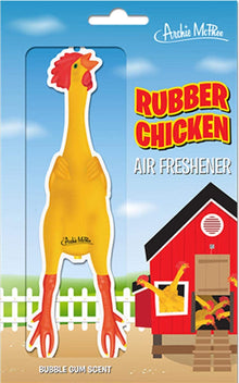 Rubber chicken air freshener packaging with a barn and child illustration on a blue background.