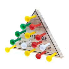 Wooden triangle game with colorful pegs on a white background