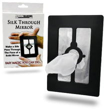 Black mirror with white silk and packaging labeled 'Silk Through Mirror' by Magic Makers on a white background.