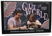 Card trick set packaging with a man and woman performing a card trick, featuring the text 'Out of This World'.