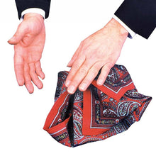 Folded paisley pocket square held between two hands against a white background