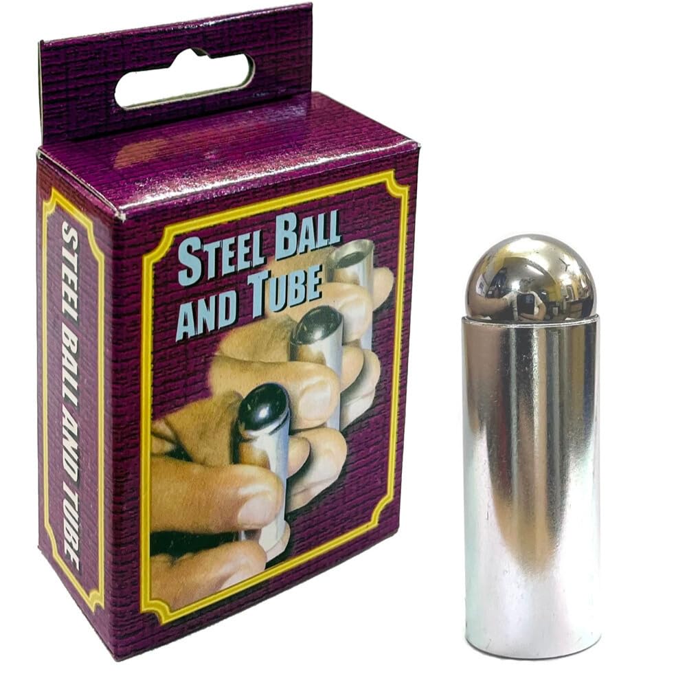 Steel ball and tube magic trick set with packaging on a white background