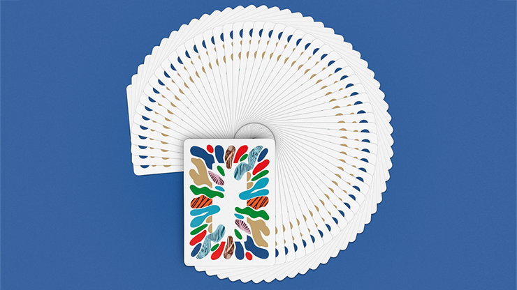 Fanned deck of cards with a colorful design on a blue background