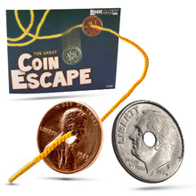 Two coins with a string and packaging labeled 'The Great Coin Escape' on a white background.