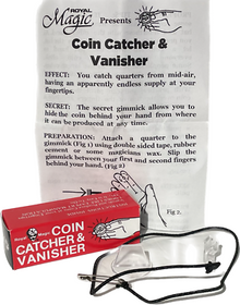 Coin catcher and vanisher magic trick set with packaging and gimmick