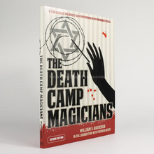 Book cover of 'The Death Camp Magicians' with a star of David and a hand reaching towards it on a white background.