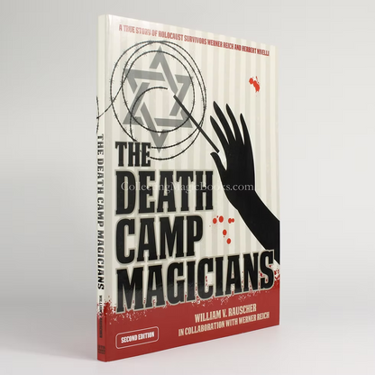 Book cover of 'The Death Camp Magicians' with a star of David and a hand reaching towards it on a white background.