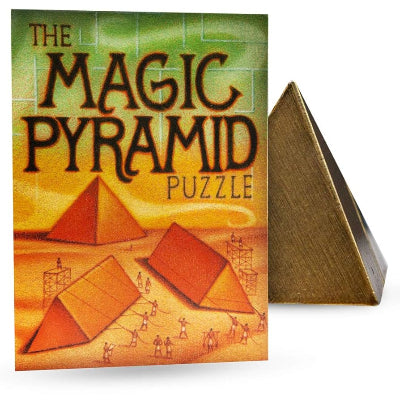 Box of 'The Magic Pyramid Puzzle' with pyramid illustration on a white background