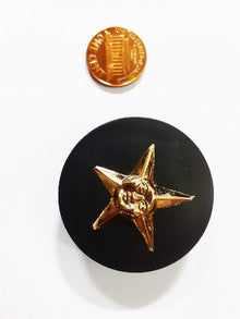 Black button with gold star design next to a gold coin on a white background