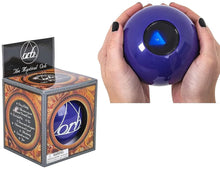Purple orb with blue light held by hands next to its packaging