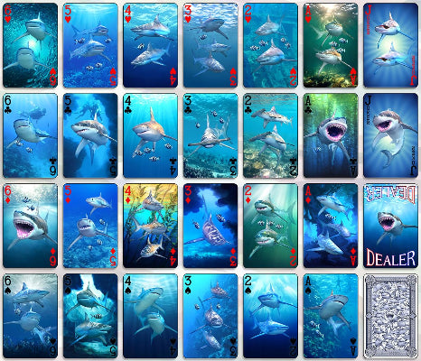 Playing cards with shark illustrations on a blue underwater theme