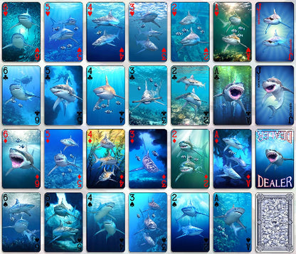 Playing cards with shark illustrations on a blue underwater theme