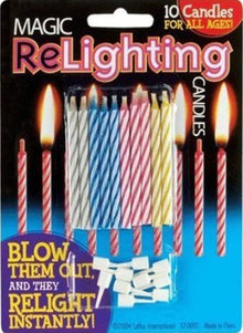 Pack of magic relighting candles with lit candles on a blue background