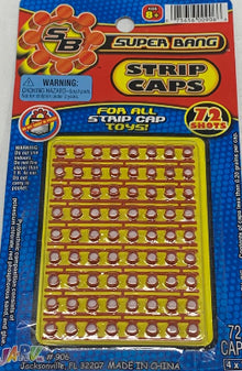 Super Bang Strip Caps packaging with yellow strip and blue and red background