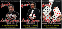 Three book covers titled 'Lucky Sevens' by Magic Makers Inc. featuring a magician and playing cards.