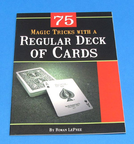 Book titled '75 Magic Tricks with a Regular Deck of Cards' by Roman LePree on a blue background