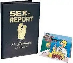 Black book titled 'Sex Report' by Dr. Johnson Hollywood with a colorful comic-style cover.