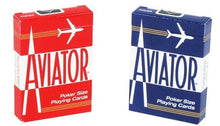 Two boxes of Aviator poker size playing cards, one red and one blue, on a white background.