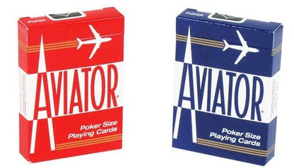 Two boxes of Aviator poker size playing cards, one red and one blue, on a white background.