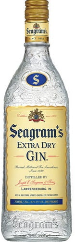 Seagram's Extra Dry Gin bottle with gold cap on a white background
