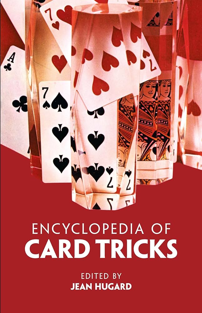Book cover of 'Encyclopedia of Card Tricks' with playing cards and red background