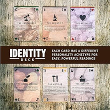 Identity Deck card game packaging with cards displayed on a wooden surface