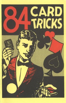 Vintage-style poster with a magician and playing cards, promoting '84 Card Tricks'.
