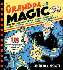 Book cover of 'Grandpa Magic' with a man performing magic tricks and colorful text.