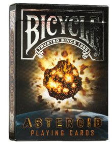 Bicycle Asteroid playing cards packaging with an asteroid and Earth design.