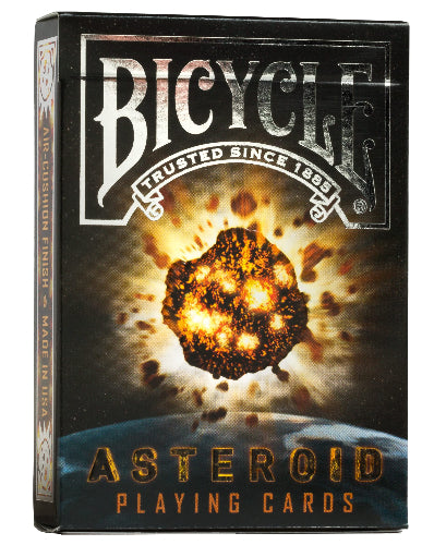 Bicycle Asteroid playing cards packaging with an asteroid and Earth design.