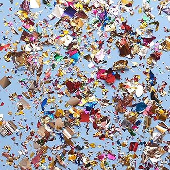 Colorful confetti scattered on a blue background