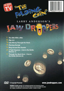 Back cover of a DVD titled 'The Folding Coin' by Larry Anderson's Jaw Droppers with coin illustrations and text.