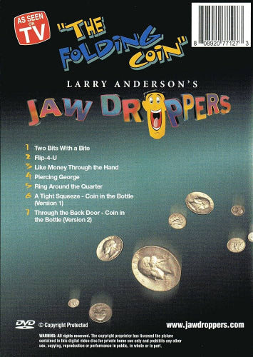 Back cover of a DVD titled 'The Folding Coin' by Larry Anderson's Jaw Droppers with coin illustrations and text.