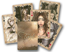 Playing cards with artistic illustrations of women on the faces, featuring the brand 'Favole'.