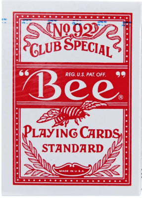 Red and white playing card box with 'Bee' branding