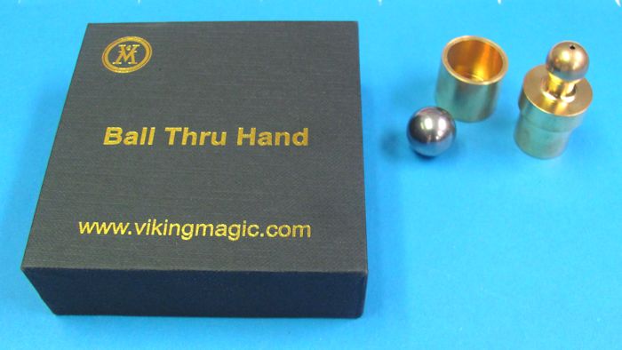 Black box with 'Ball Thru Hand' text and Viking Magic branding, featuring a silver ball and gold cups on a blue background.