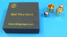 Black box with 'Ball Thru Hand' text and Viking Magic branding, featuring a silver ball and gold cups on a blue background.