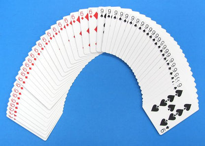 Fanned-out deck of playing cards on a blue background