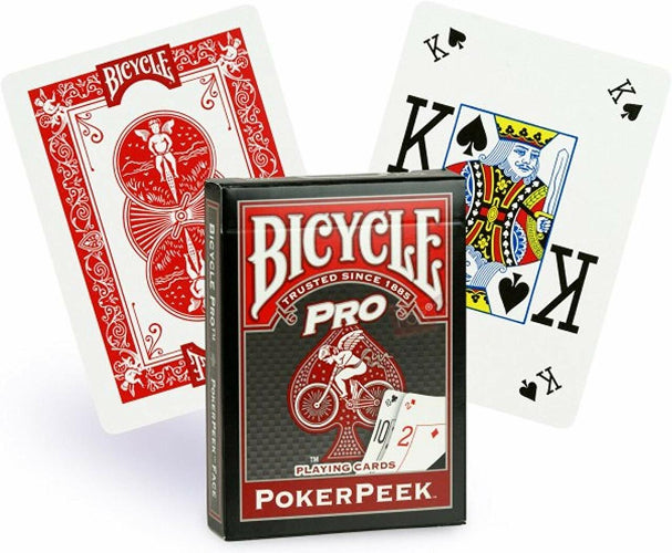 Bicycle Pro Poker Peek playing cards with a deck and two cards displayed on a white background.