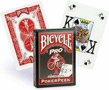 Bicycle Pro Poker Peek playing cards with a deck and two cards displayed on a white background.