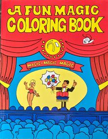 Coloring book cover with magician, clown, and audience illustration on a red background
