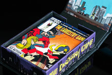 Board game box with superhero design and cityscape in the background