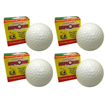 Four golf balls with 'Cloud Flute Exploder' packaging on a white background
