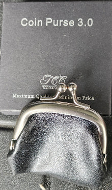 Silver coin purse with a black background and text