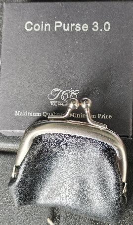 Silver coin purse with a black background and text