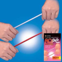 Two hands holding a color-changing rope with a product packaging in the corner against a blue background.