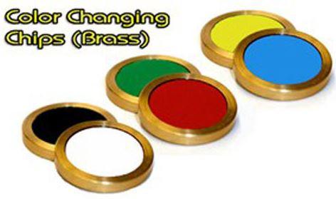 Color-changing chips in brass with green, red, yellow, and blue centers on a white background.