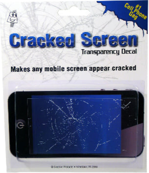 Packaged cracked screen transparency decal for mobile phones with a blue background.