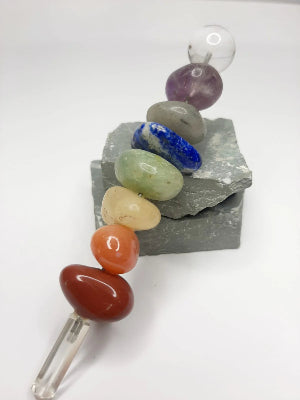 Crystal wand with chakra stones on a white background